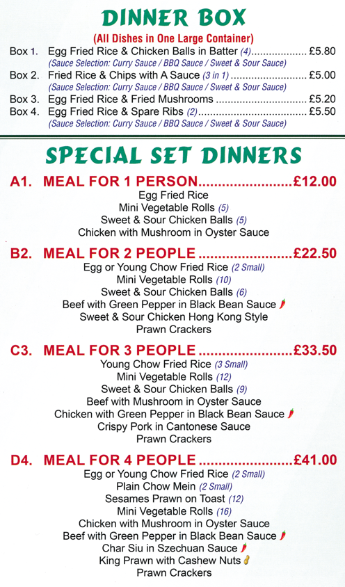 Menu for Sun Wah Chinese food takeaway in Ilkeston, Derbyshire DE7 5DN  - Dinner Boxes & Special Set Dinners.