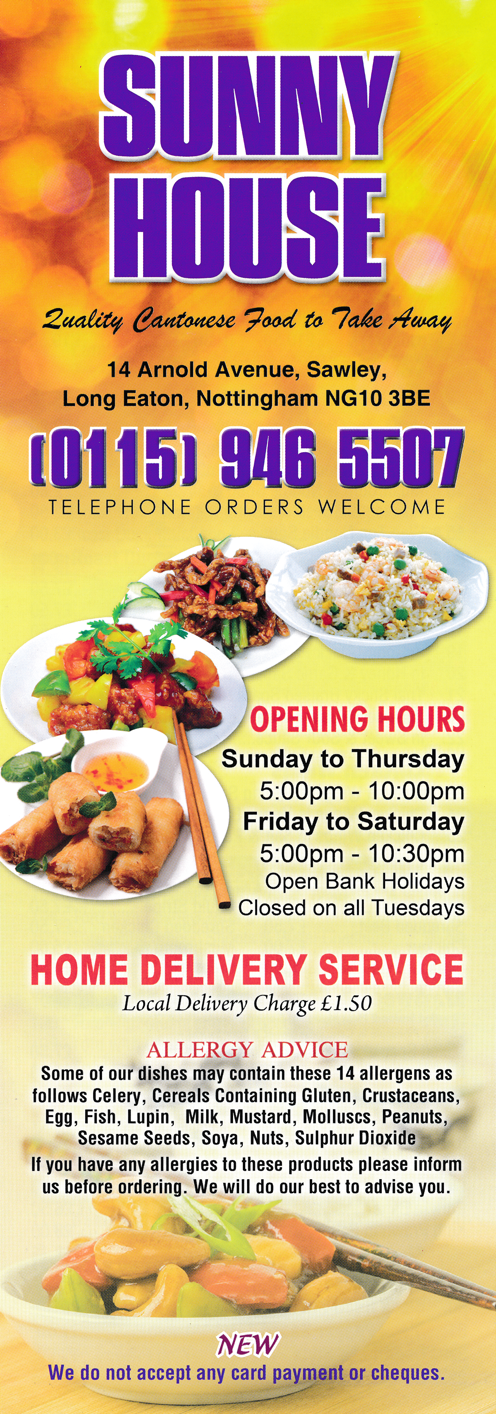 Menu for Sunny House Chinese takeaway in Sawley near Long Eaton NG10 3BE