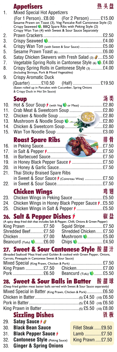 Menu for Sunny House dishes include; Sweet & Sour Pork Cantonese style, Chicken Wings in Peking Sauce, Thai Sticky Braised Spare Ribs, Crispy Aromatic Duck, Crispy Seaweed, Sweet & Sour Pork in Batter..