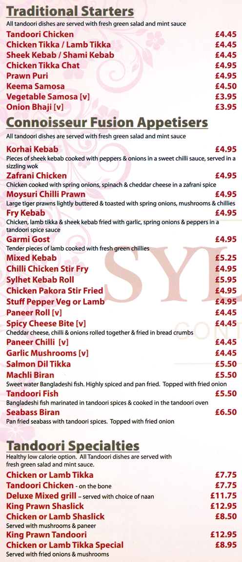 Takeaway menu for Sylhet Spice (Zafrani Chicken, Mixed Kebab, Chilli Chicken Stir Fry, Machli Biran, Tandoori Fish, Seabass Biran, Prawn Puri..)