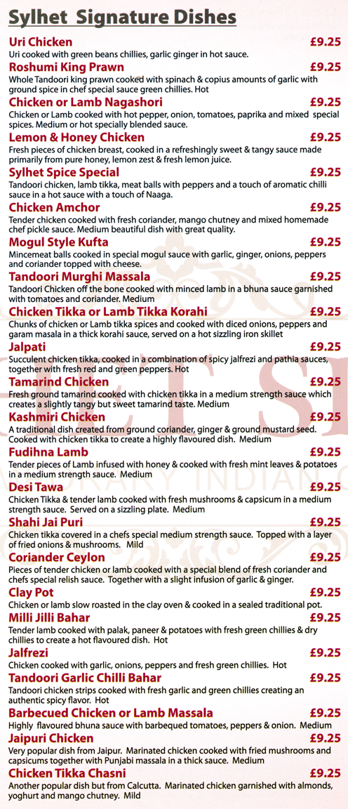 Menu for Sylhet Spice (Fudihna Lamb, Milli Jilli Bahar, Jalfrezi, Jaipuri Chicken, Roshumi King Prawn, Chicken Amchor, Tamarand Chicken..)