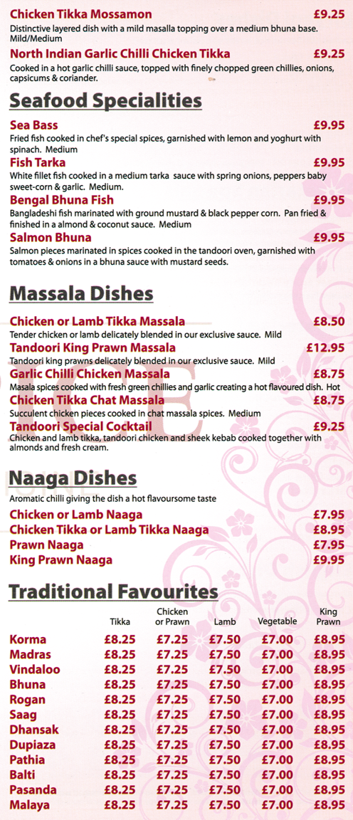 Menu for Sylhet Spice Indian takeaway (Fish Tarka, Chicken Tikka Massala, King Prawn Naaga, Madras, Vindaloo, Madras, Korma, Bhuna..)