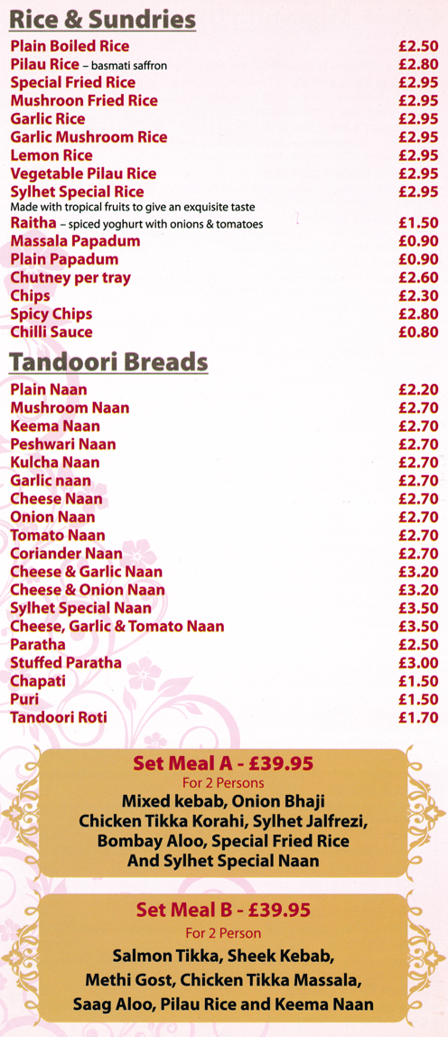 Takeaway menu for Sylhet Spice Menu for Sylhet Spice Indian restaurant and takeaway in Ripley, Derbyshire