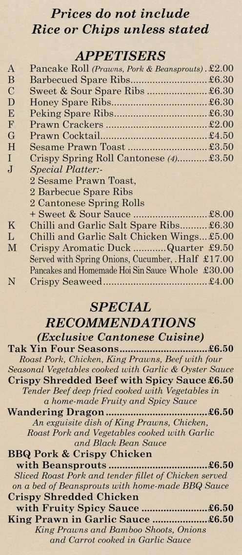 Menu for Tak Yin - Pancake Roll, Sesame Prawn on Toast, Crispy Aromatic Duck, Crispy Seaweed, Wandering Dragon, Tak Yin Four Seasons, Crispy Shredded Beef with Spicy Sauce, Honey Spare Ribs..