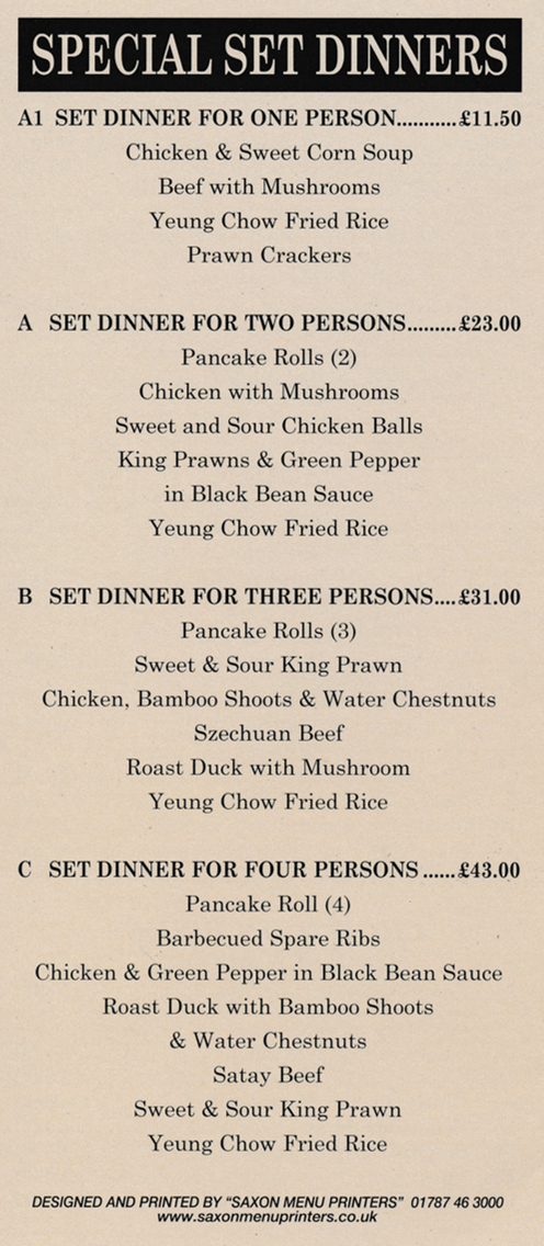 Menu for Tak Yin Chinese takeaway on Beckhampton Road in Nottingham - Special Set Dinners