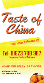 Menu for Taste Of China Chinese food takeaway on Southwell Road East in Rainworth near Mansfield NG21 0EH