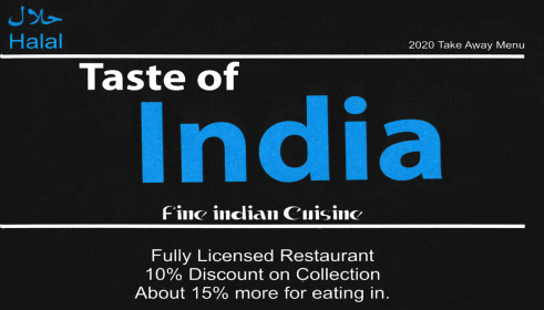 Menu for Taste Of India restaurant and takeaway in Nottingham