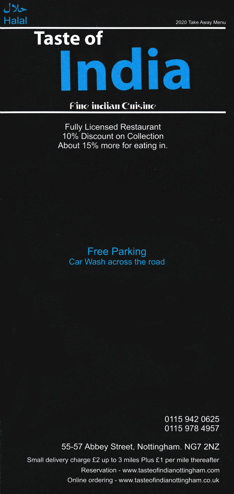 Takeaway menu for Taste Of India - Indian restaurant on AbbeyStreet in Lenton, Nottingham NG7 2NZ