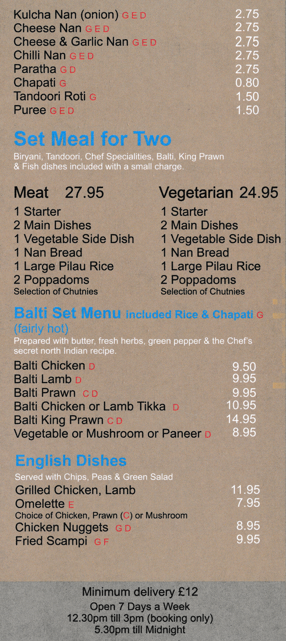 Takeaway menu for Taste Of India - Set Meals, Balti Dishes - Curries and Indian cusine to takeaway in Nottingham