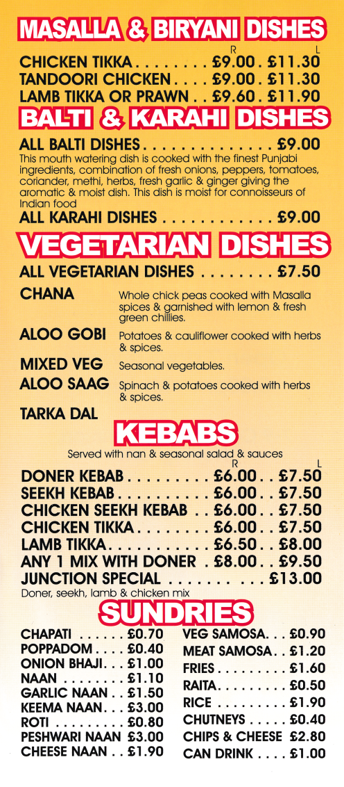 Menu for The Food Junction (Curries, Pizzas, Kebabs, Burgers..)