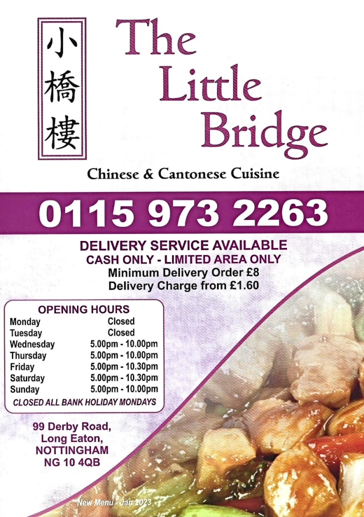 Menu for The Little Bridge Chinese and Cantonese cuisine takeaway in Long Eaton near Nottingham