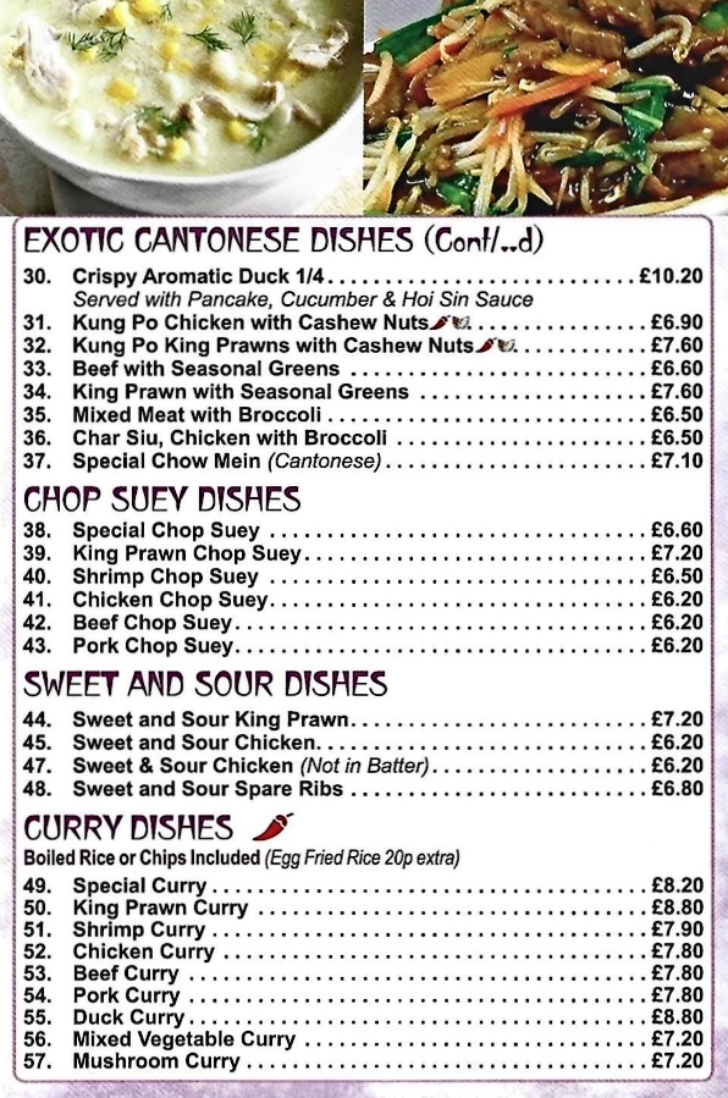 Menu for The Little Bridge Chinese and Cantonese cuisine takeaway in Long Eaton near Nottingham