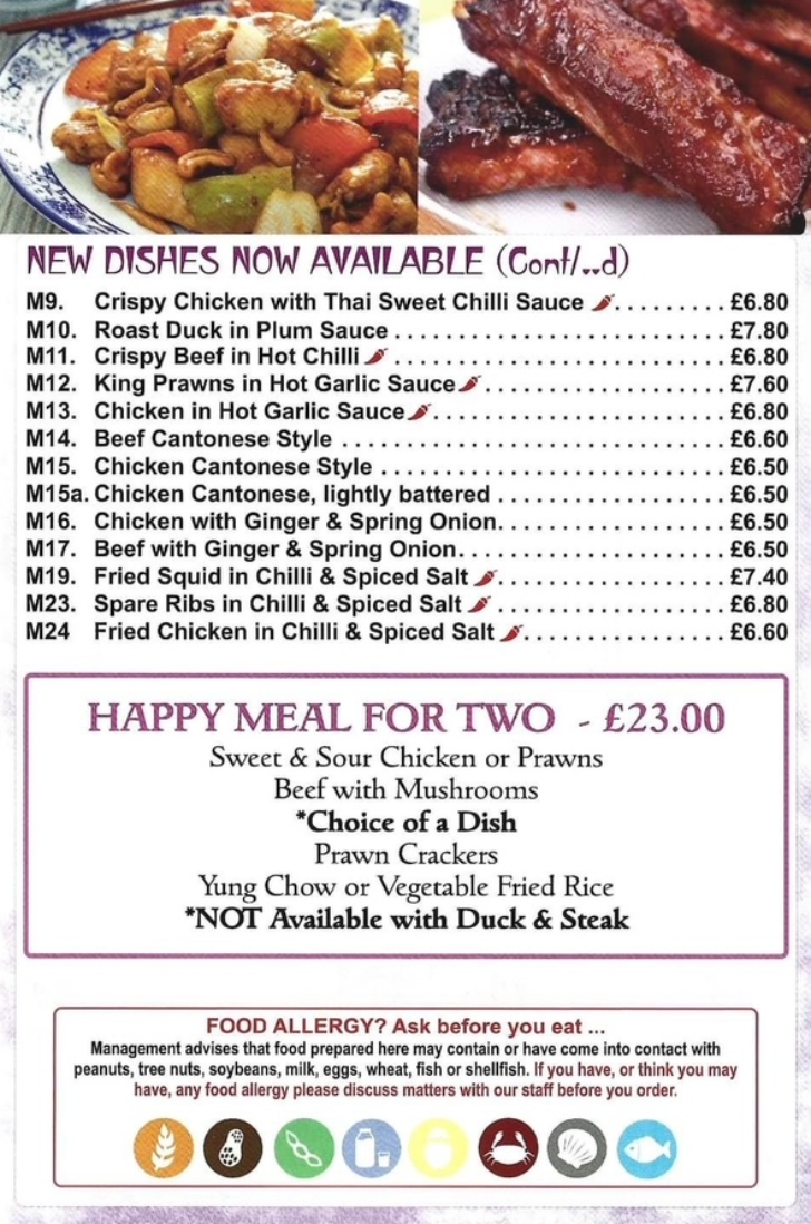 Menu for The Little Bridge Chinese and Cantonese cuisine takeaway in Long Eaton near Nottingham