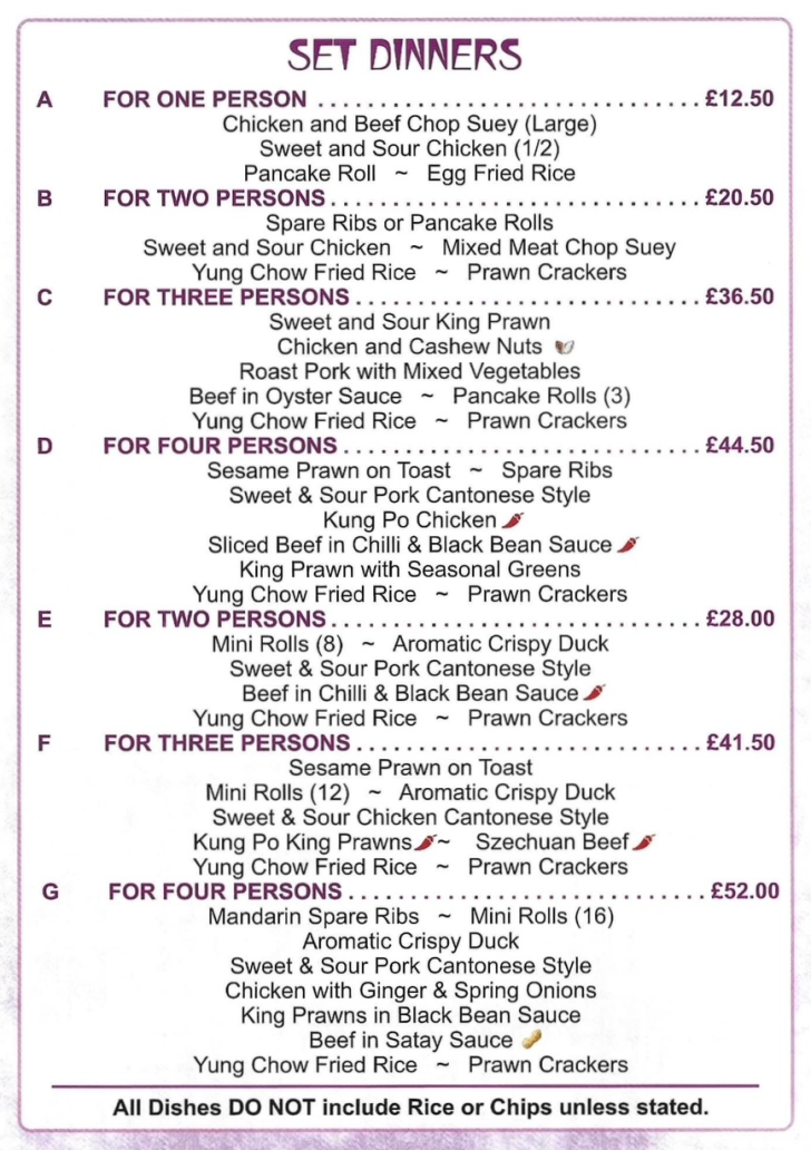 Menu for The Little Bridge Chinese and Cantonese cuisine takeaway in Long Eaton near Nottingham