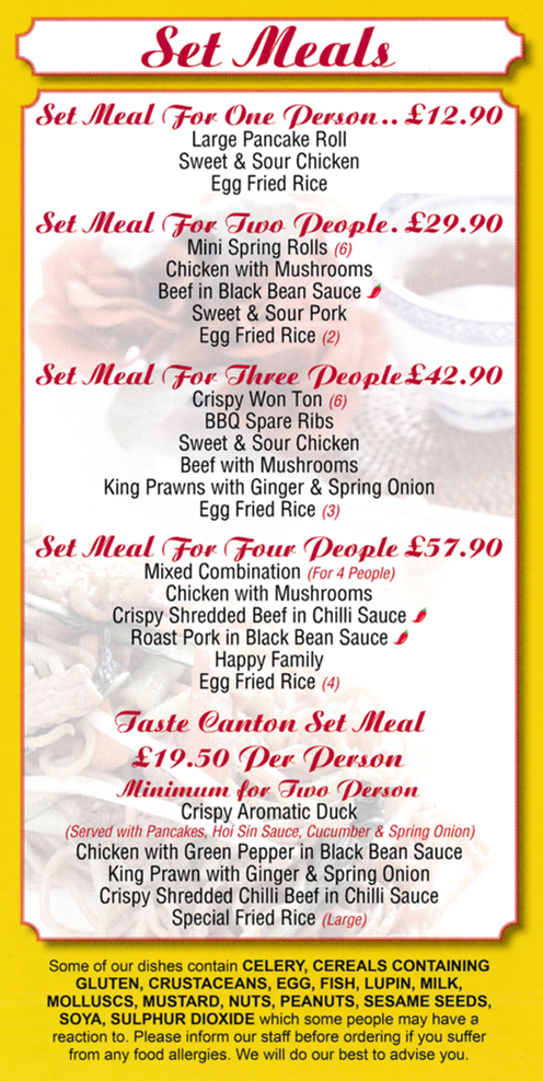 Menu for The Oriental Chinese takeaway on James Street in Kimberley near Nottingham