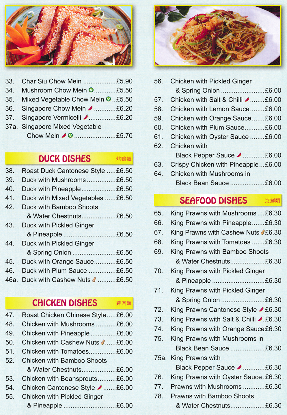 Menu for The Village Chinese takeaway in West Hallam - dishes include; Roast Duck Cantonese Style, Duck with Orange Sauce, Roast Chicken Chinese Style, King Prawn with Cashew Nuts, Chicken with Lemon Sauce..