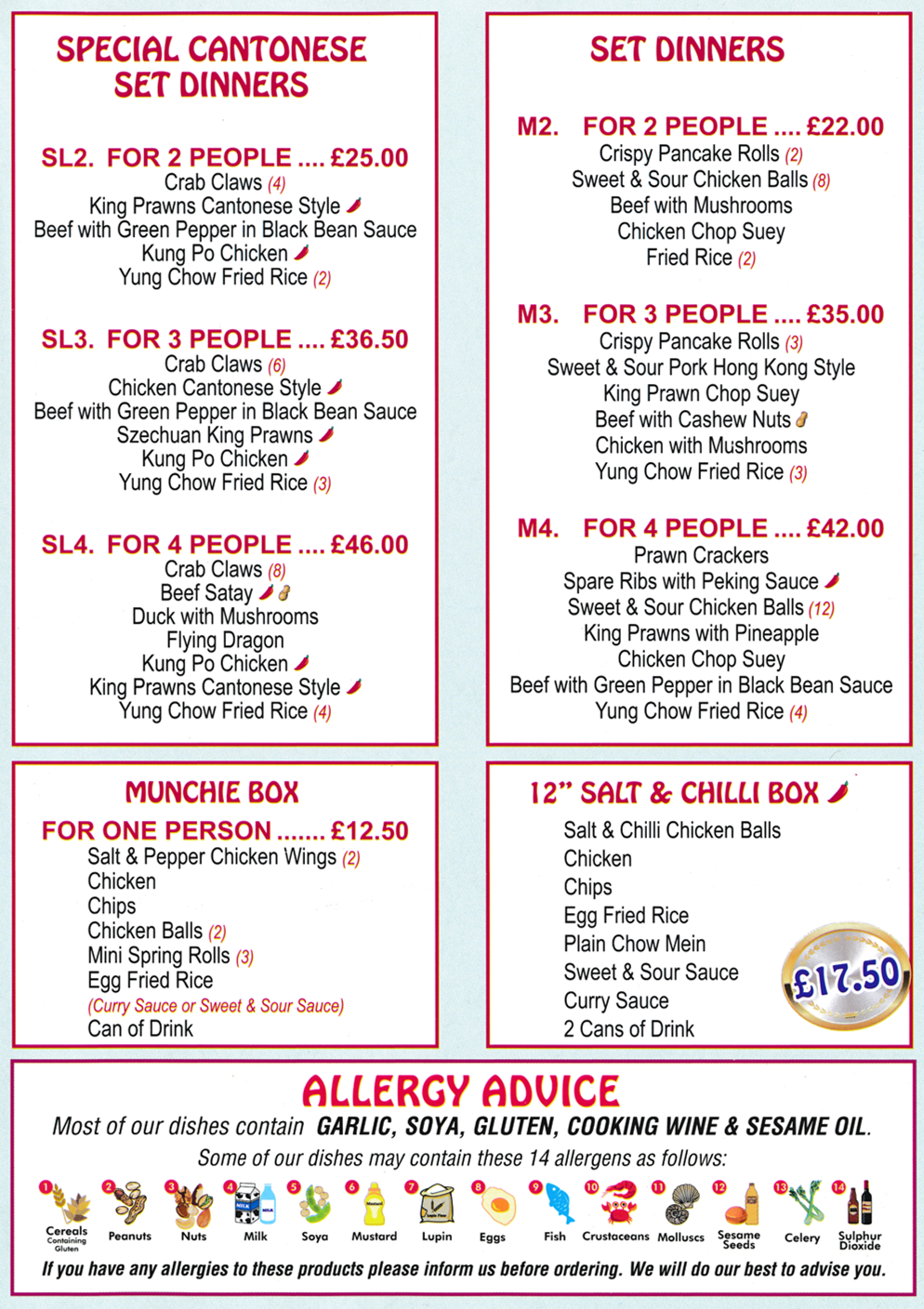 Menu for The Village Chinese and Cantonese food takeaway in West Hallam near Ilkeston - Special Cantonese Set Dinners