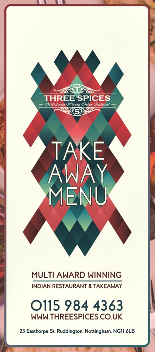 Takeaway menu for Three Spices Indian restaurant in Ruddington, Nottinghamshire NG11 6LB