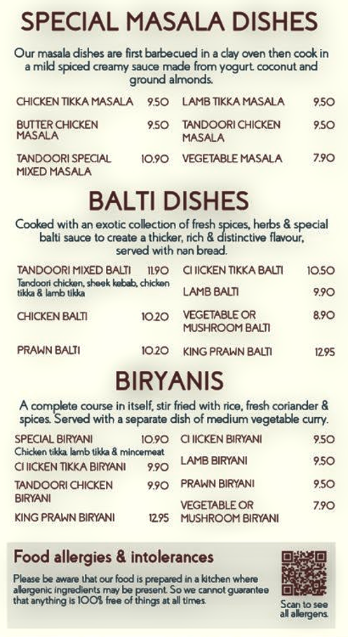 Takeaway menu for Three Spices - Butter Chicken Masala, Tandoori Chicken Biryani, Pilau Rice, Lamb Tikka Masala, King Prawn Biryani..