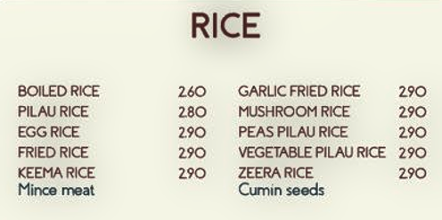 Takeaway menu for Three Spices - Rice Dishes
