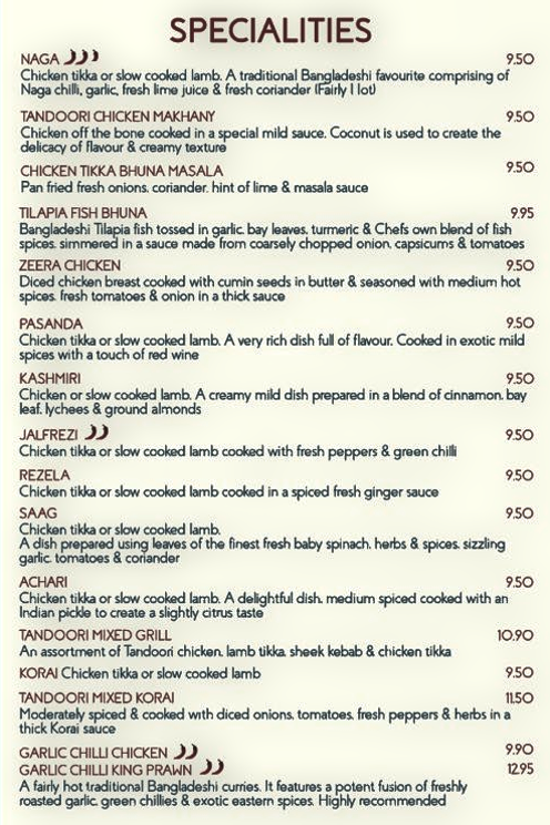 Takeaway menu for Three Spices - Naga, Jalfrezi, Achari, Tandoori Mixed Grill, Garlic Chilli Chicken, Zeera Chicken, Tandoori Chicken Makhany..