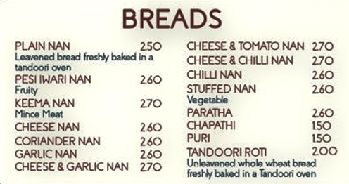 Takeaway menu for Three Spices - Indian breads..