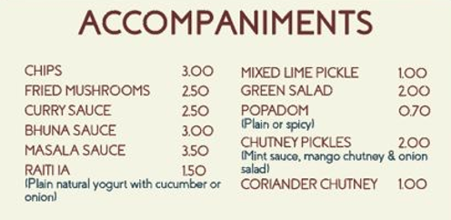 Takeaway menu for Three Spices - Accompaniments, Pickles, Raitha..