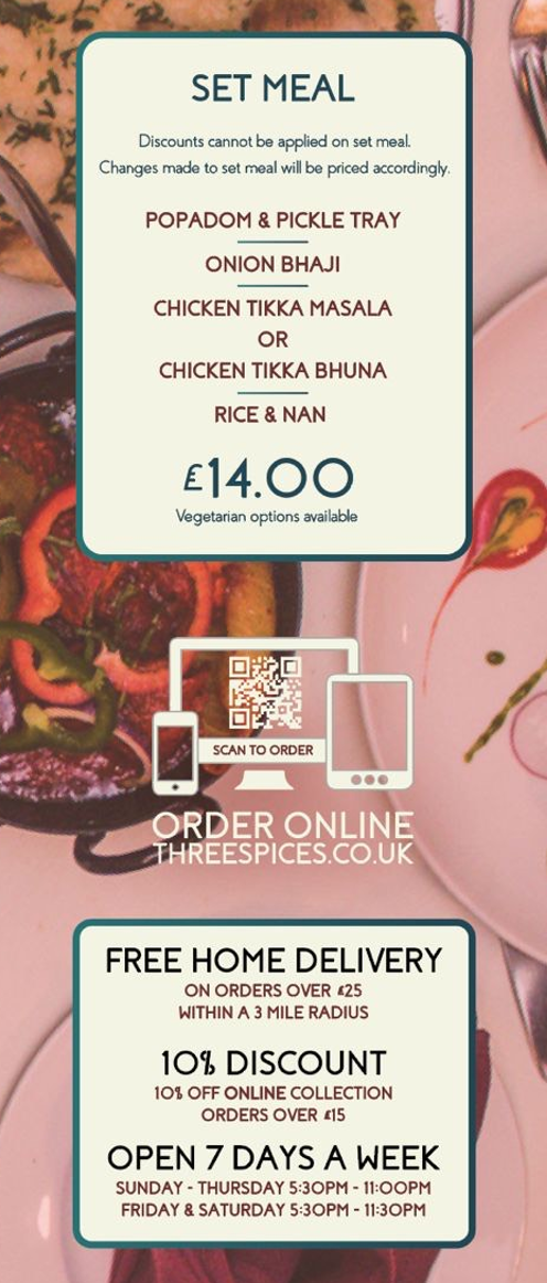 Takeaway menu for Three Spices - Set Meals - Indian restaurant on Easthorpe Street in Ruddington