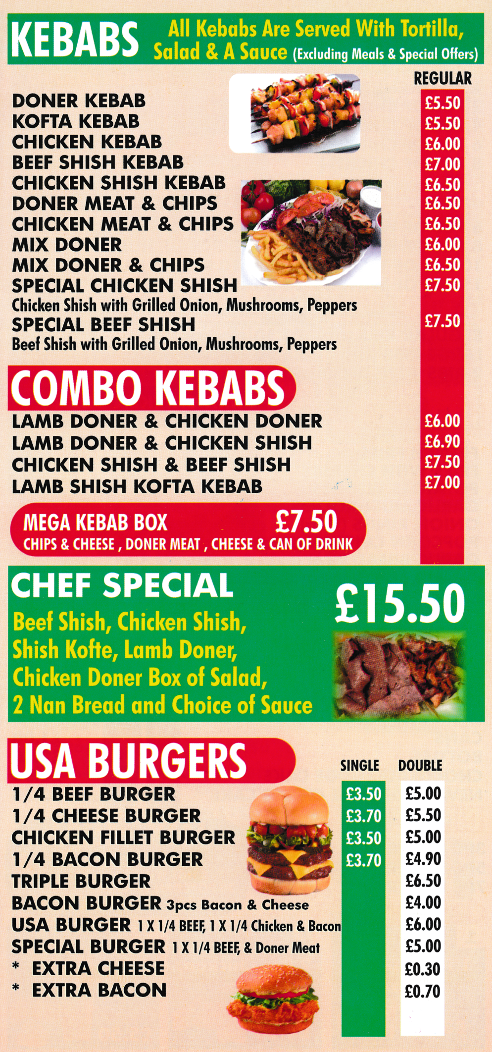 Menu for USA Chicken Express - pizzas, kebabs, burgers, wraps, nuggets, ribs, hot wings..