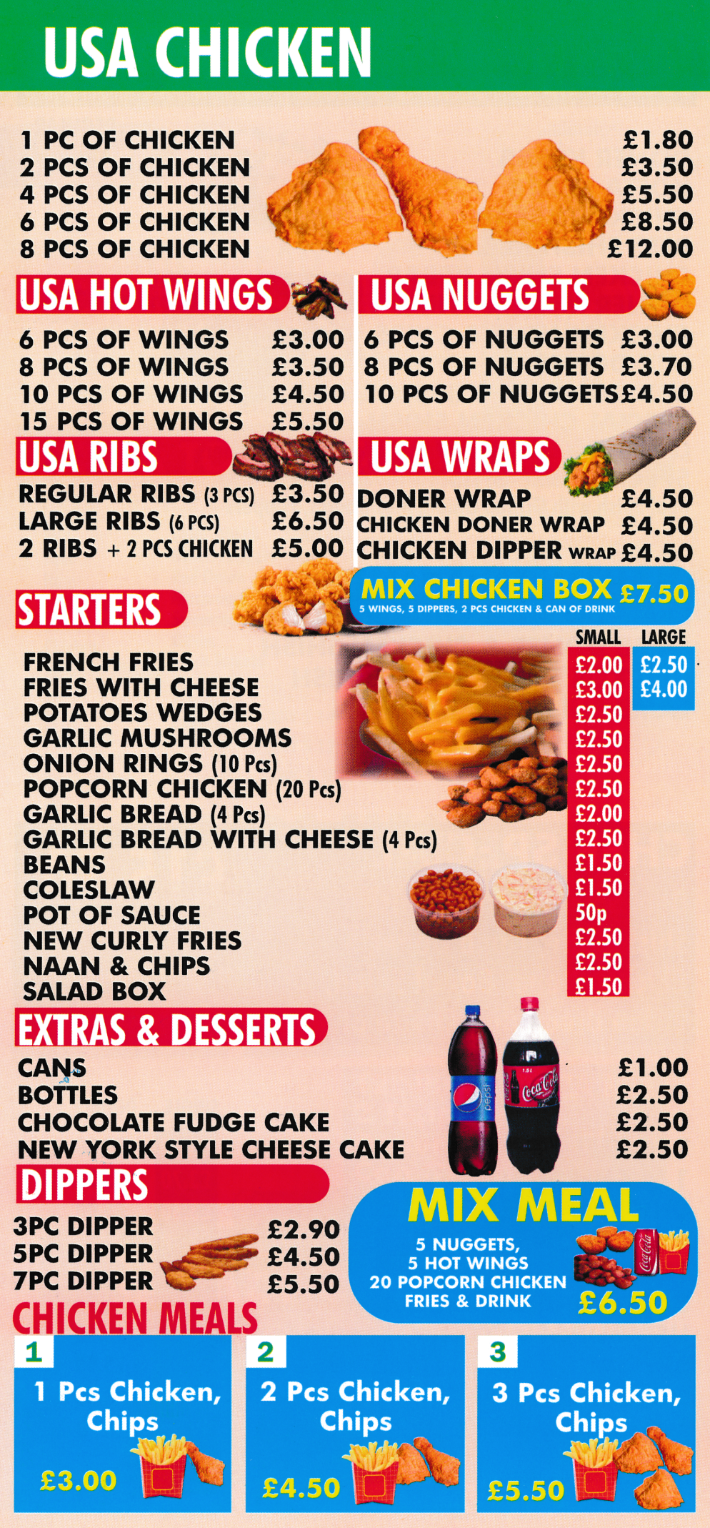 Menu for USA Chicken Express - pizzas and kebabs takeaway and delivery in Ilkeston