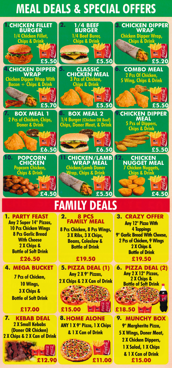 Menu for USA Chicken Express - meal deals, family deals, wraps, nuggets, hot wings, pizzas, kebabs, burgers..