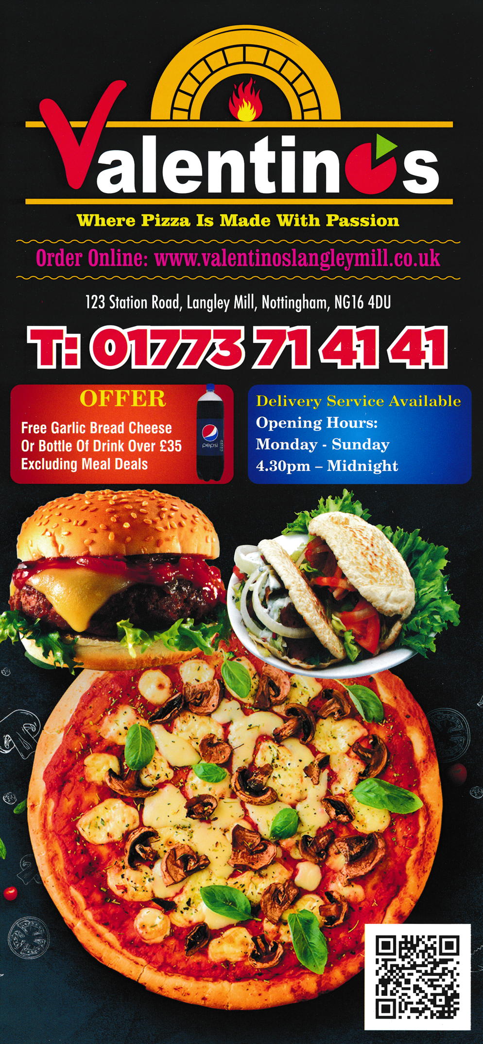 Menu for Valentino's pizza takeaway in Langley Mill