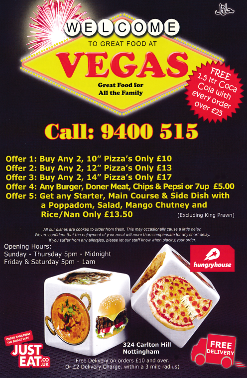 Menu for Vegas; curries, pizzas and fast food takeaway in Carlton, Nottingham
