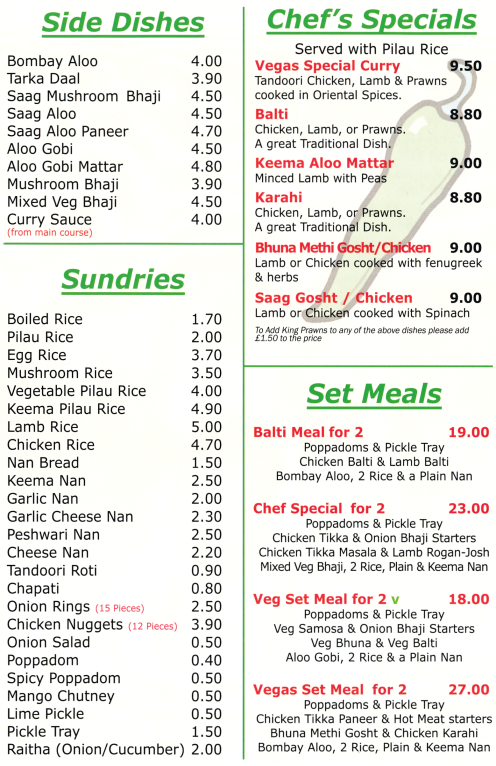 Menu for Vegas; curries, pizzas and fast food takeaway in Carlton, Nottingham