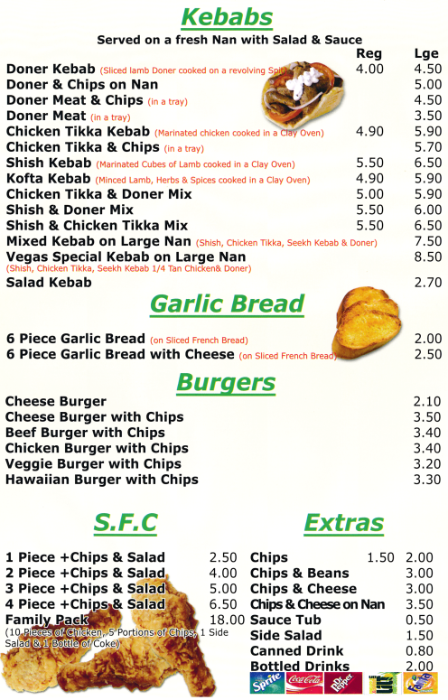 Menu for Vegas; curries, pizzas and fast food takeaway and delivery in Carlton, Nottingham
