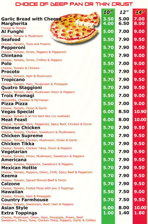Menu for Vegas; curries, pizzas, kebabs and fast food takeaway and delivery in Nottingham