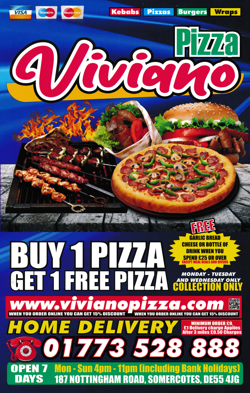 Menu for Viviano Pizza; takeaway and delivery in Somercotes near Alfreton, Derbyshire