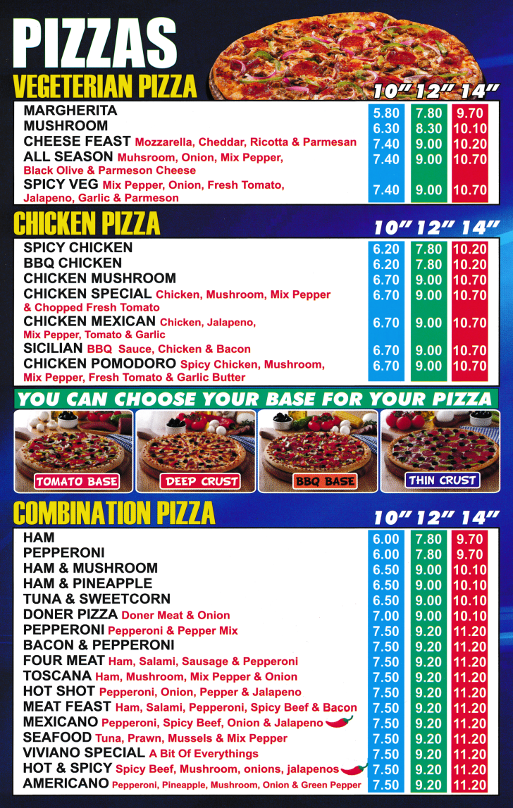 Menu for Viviano Pizza - pizzas, calzones, kebabs, wraps, burgers..