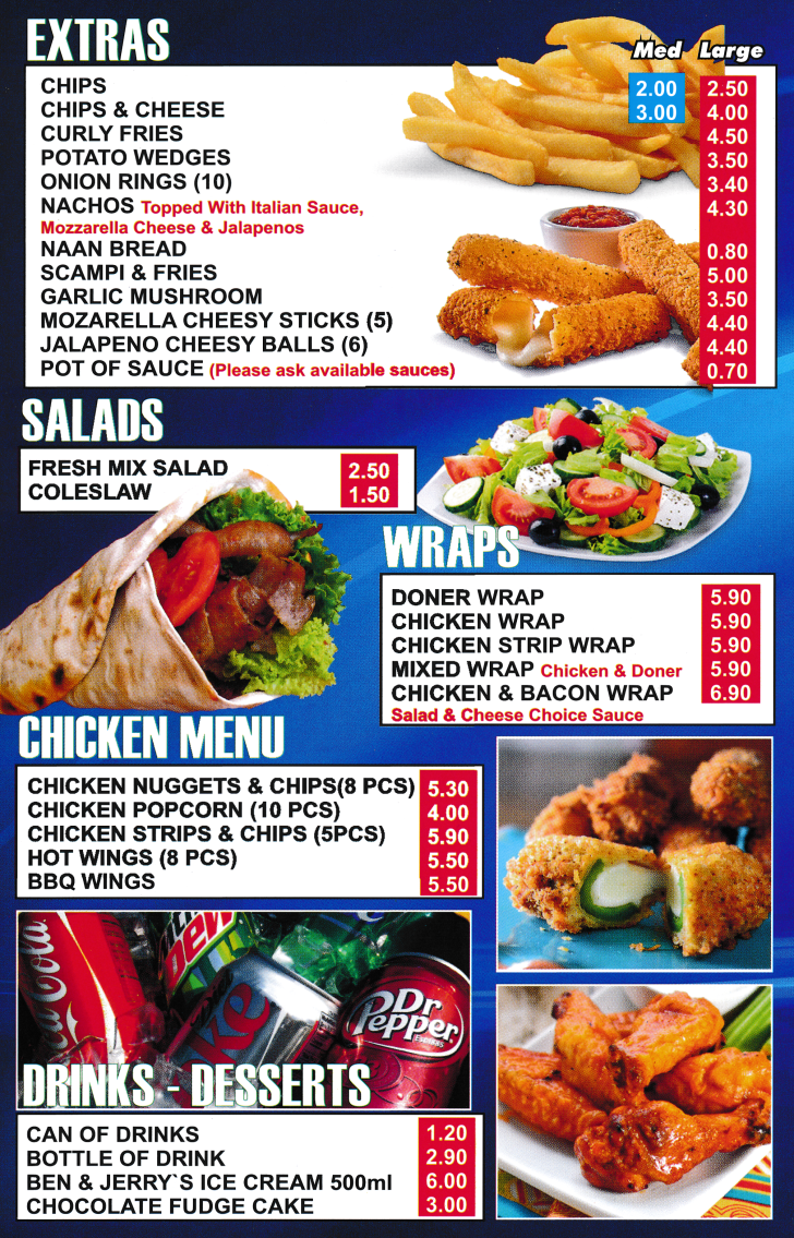 Menu for Viviano - pizzas, kebabs, calzones, burgers, garlic breads, wraps to takeaway