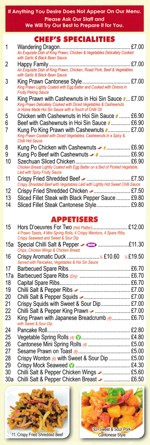 Menu for Welcome - Wandering Dragon, Happy Family, Crispy Aromatic Duck, Capital Spare Ribs, Szechuan Sliced Chicken, Kung Po Beef with Cashewnuts, Pancake Roll, Crispy Fried Shredded Beef..