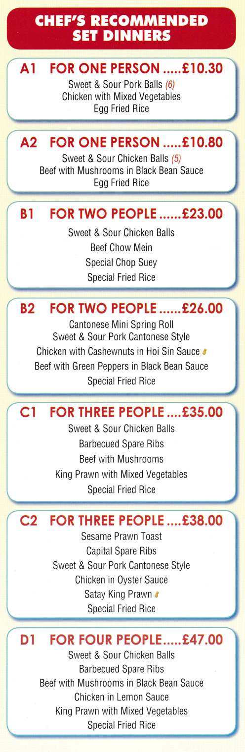 Menu for Welcome Menu for Welcome - Chef's Recommended Set Dinners