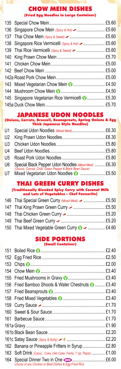 Menu for Welcome - Thai Chow Mein, Chicken Udon Noodles, Thai Beef Green Curry, Egg Fried Rice, Beef Chow Mein..