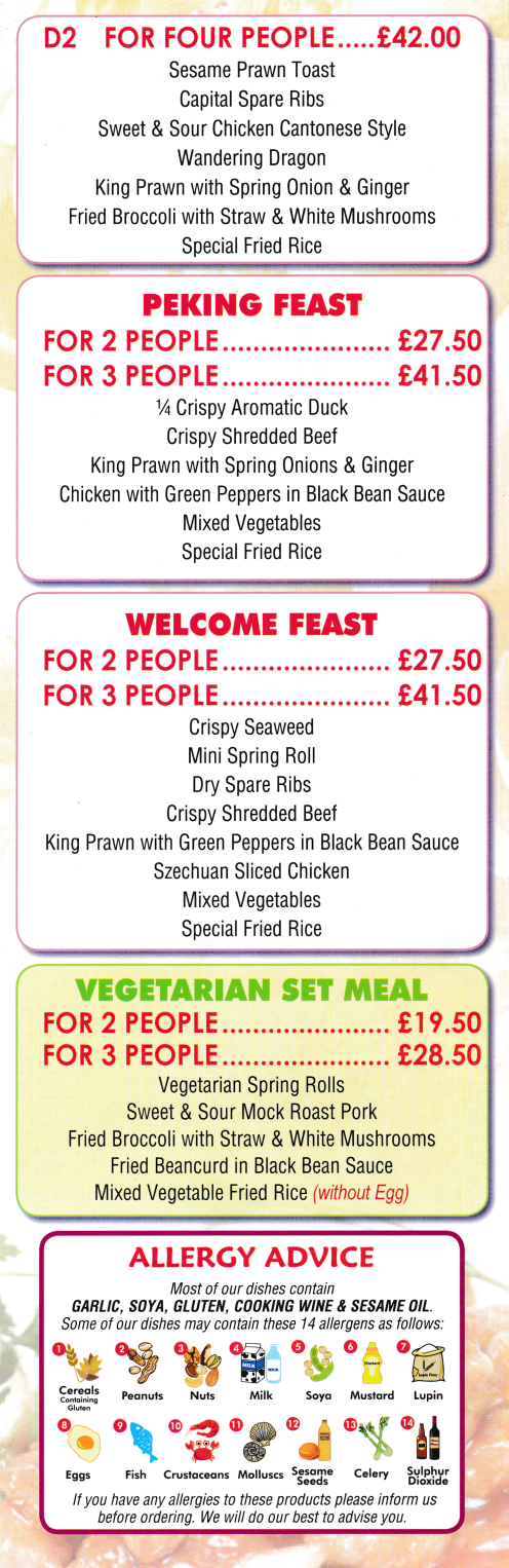 Menu for Welcome Chinese takeaway on Woodborough Road, Mapperley NG3 5QG