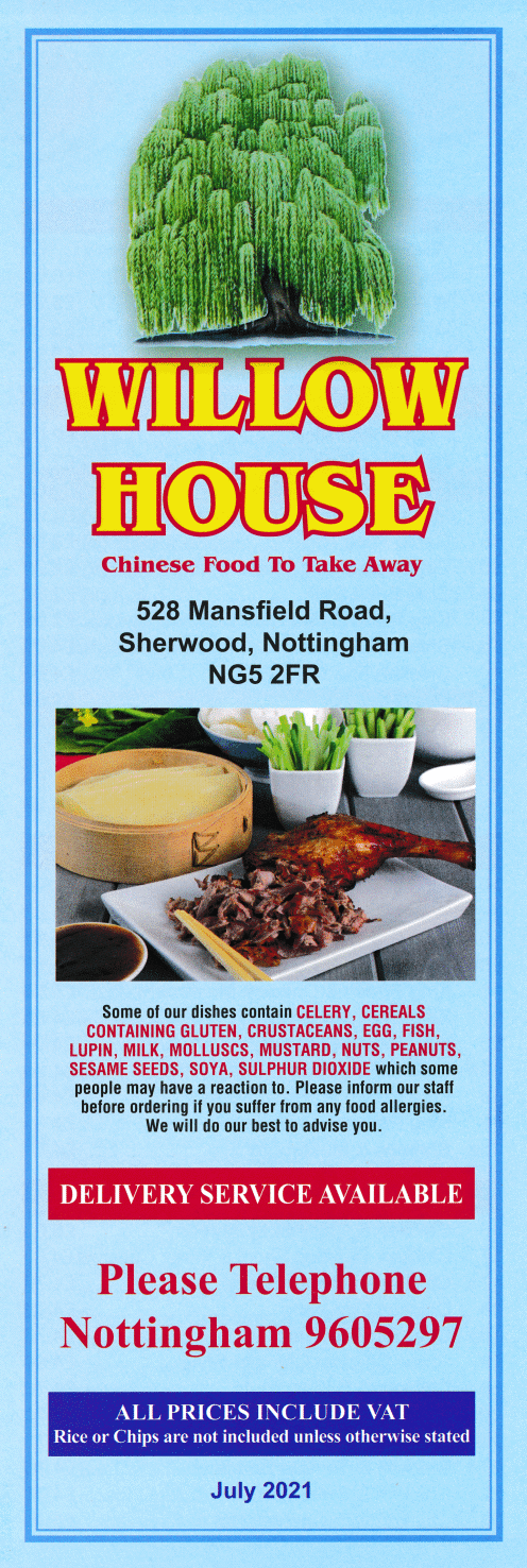 Menu for Willow House Chinese takeaway in Sherwood, Nottingham NG5 2FR