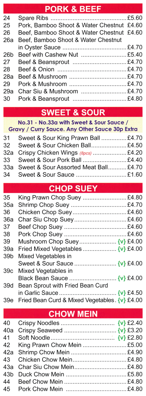 Menu for Willow House - Sweet & Sour Dishes, Chop Suey Dishes, Chow Mein Dishes, Pork & Beef Dishes..