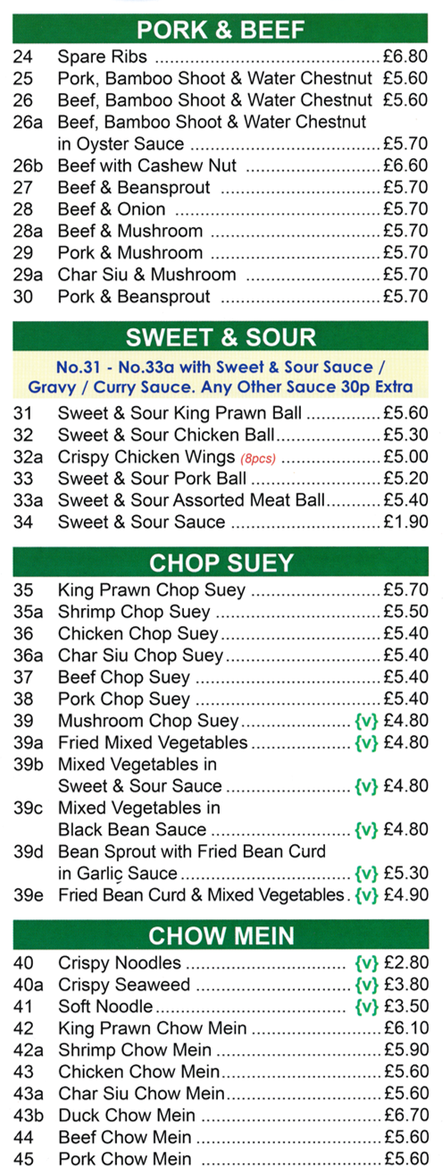 Menu for Willow House - Sweet & Sour Dishes, Chop Suey Dishes, Chow Mein Dishes, Pork & Beef Dishes..