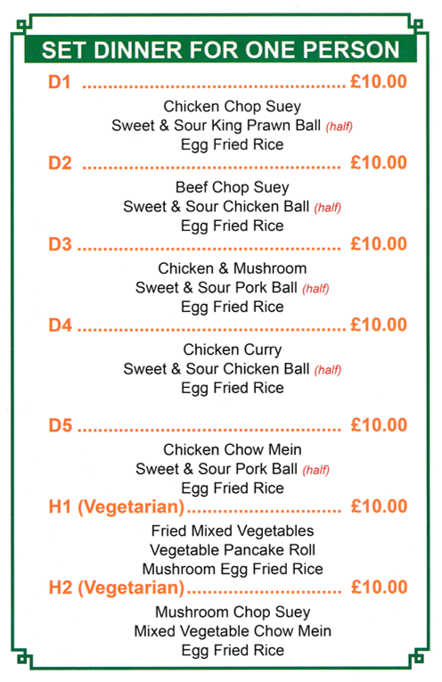 Menu for Willow House - Chinese takeaway on Mansfield Road in Sherwood, Nottingham NG5 2FR - Set Dinners