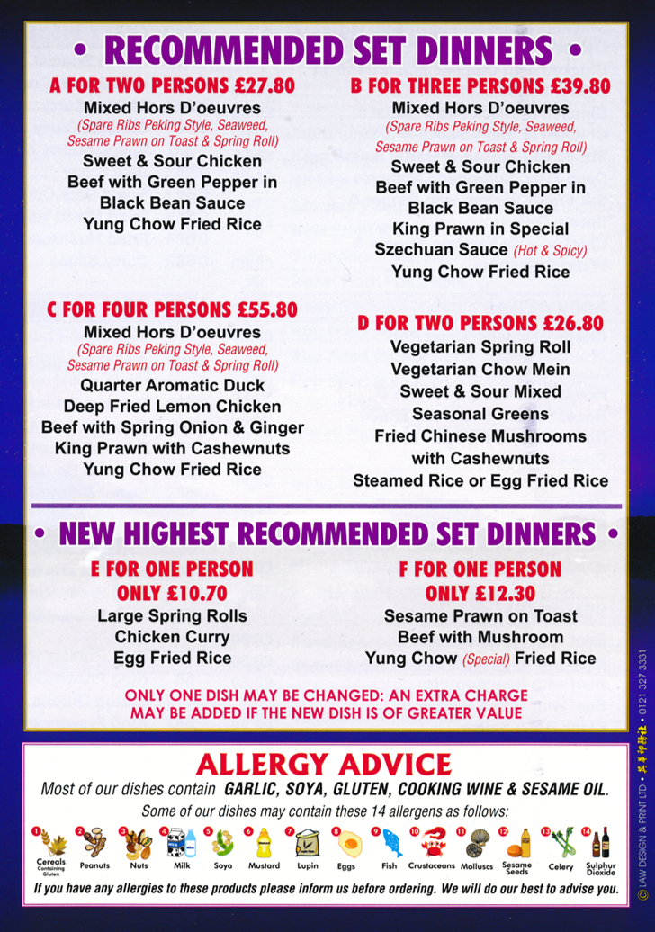 Menu for Wok Wonder Chinese food takeaway and delivery in Mansfield - Recommended Set Dinners