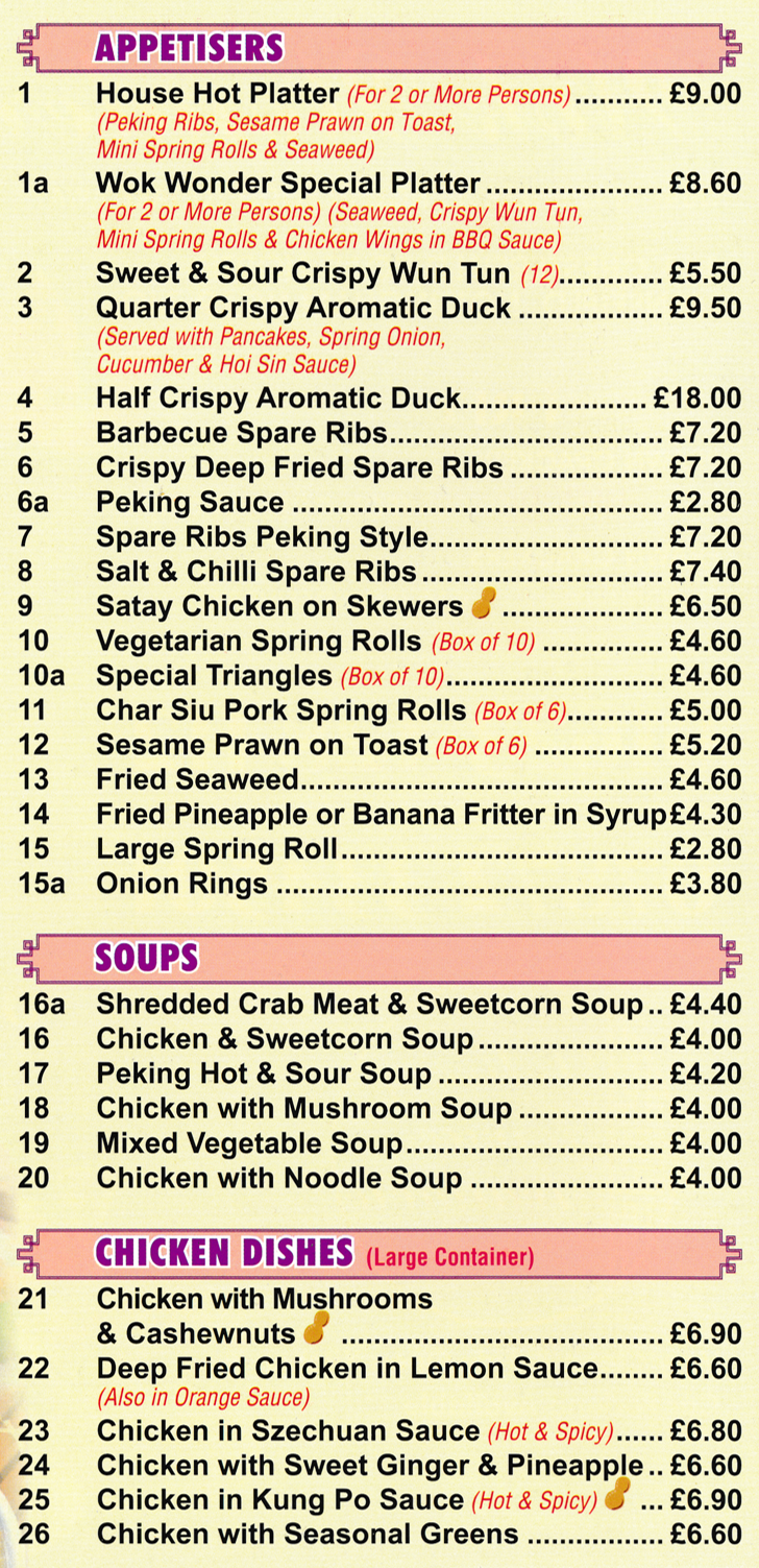 Menu for Wok Wonder in Mansfield - dishes include; Crispy Aromatic Duck, Large Spring Roll, Spare Ribs Peking Style, Deep Fried Chicken in Lemon Sauce..