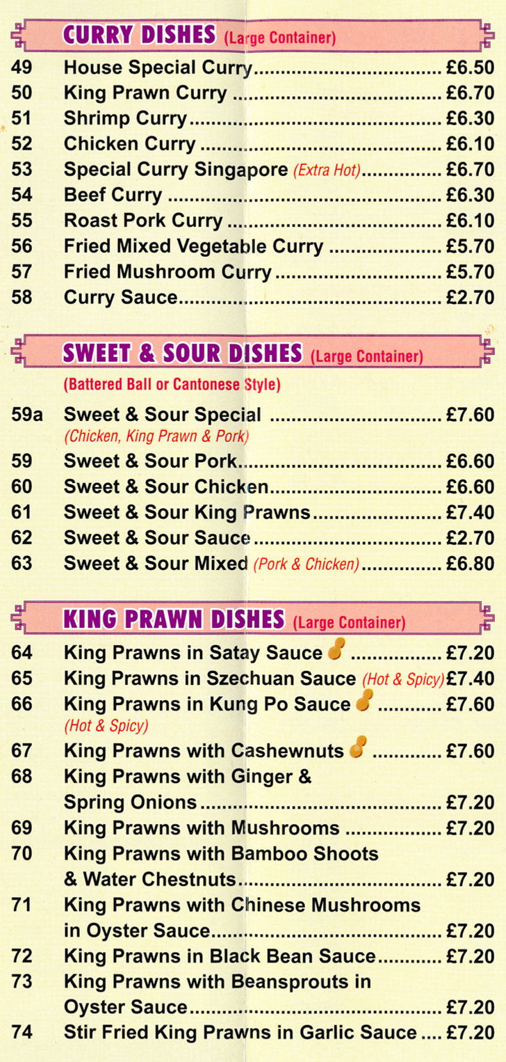 Menu for Wok Wonder in Mansfield - dishes include; Sweet & Sour Pork, Shrimp Curry, King Prawns in Satay Sauce, Sweet & Sour Chicken Cantonese Style..